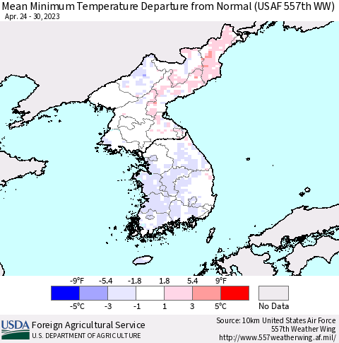 Korea Mean Minimum Temperature Departure from Normal (USAF 557th WW) Thematic Map For 4/24/2023 - 4/30/2023