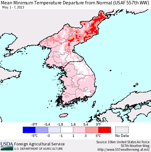 Korea Mean Minimum Temperature Departure from Normal (USAF 557th WW) Thematic Map For 5/1/2023 - 5/7/2023