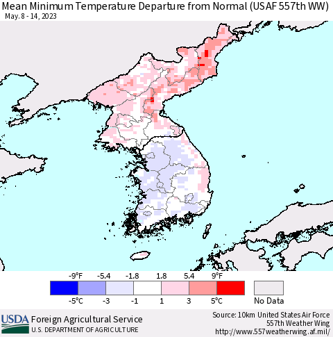 Korea Mean Minimum Temperature Departure from Normal (USAF 557th WW) Thematic Map For 5/8/2023 - 5/14/2023