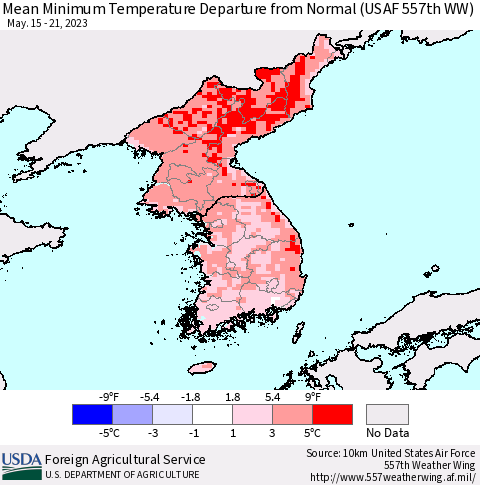Korea Mean Minimum Temperature Departure from Normal (USAF 557th WW) Thematic Map For 5/15/2023 - 5/21/2023