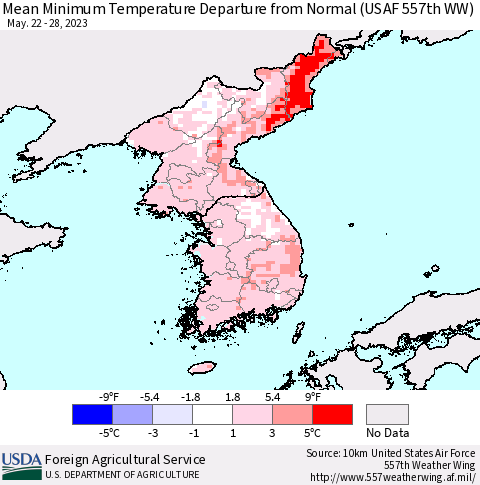 Korea Mean Minimum Temperature Departure from Normal (USAF 557th WW) Thematic Map For 5/22/2023 - 5/28/2023