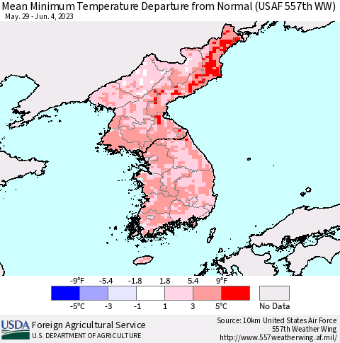 Korea Mean Minimum Temperature Departure from Normal (USAF 557th WW) Thematic Map For 5/29/2023 - 6/4/2023