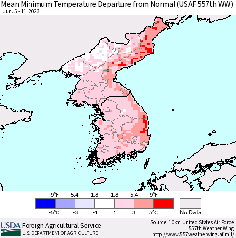 Korea Mean Minimum Temperature Departure from Normal (USAF 557th WW) Thematic Map For 6/5/2023 - 6/11/2023