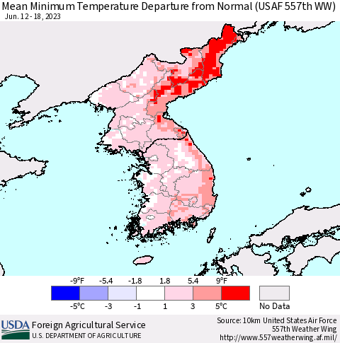 Korea Mean Minimum Temperature Departure from Normal (USAF 557th WW) Thematic Map For 6/12/2023 - 6/18/2023