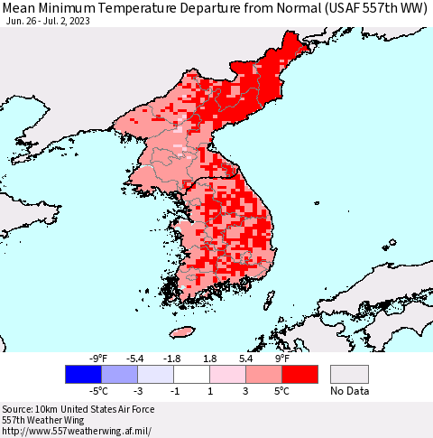Korea Mean Minimum Temperature Departure from Normal (USAF 557th WW) Thematic Map For 6/26/2023 - 7/2/2023