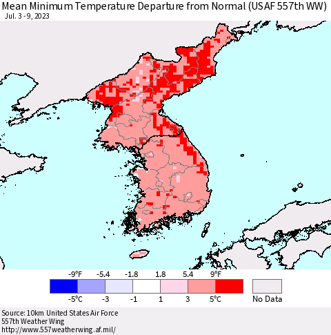 Korea Mean Minimum Temperature Departure from Normal (USAF 557th WW) Thematic Map For 7/3/2023 - 7/9/2023