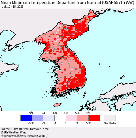 Korea Mean Minimum Temperature Departure from Normal (USAF 557th WW) Thematic Map For 7/10/2023 - 7/16/2023