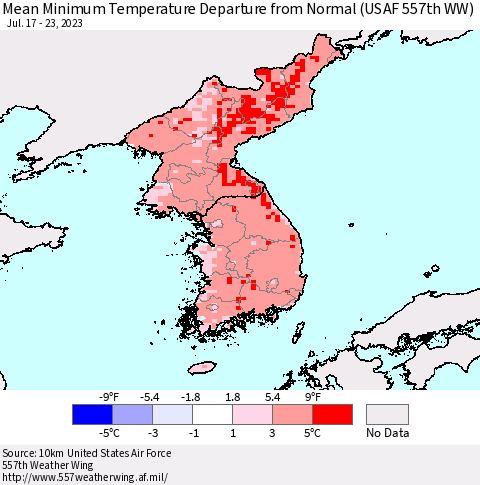 Korea Mean Minimum Temperature Departure from Normal (USAF 557th WW) Thematic Map For 7/17/2023 - 7/23/2023