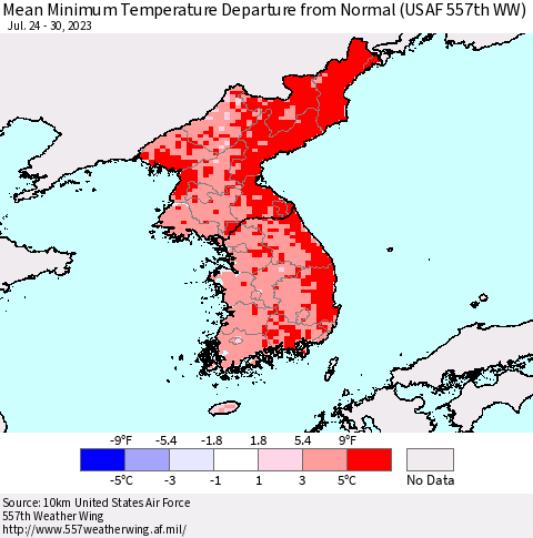 Korea Mean Minimum Temperature Departure from Normal (USAF 557th WW) Thematic Map For 7/24/2023 - 7/30/2023