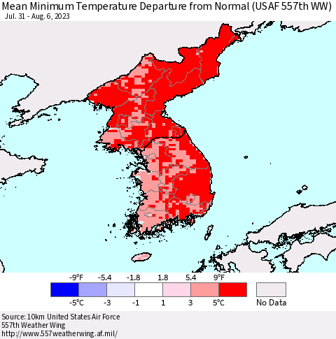 Korea Mean Minimum Temperature Departure from Normal (USAF 557th WW) Thematic Map For 7/31/2023 - 8/6/2023