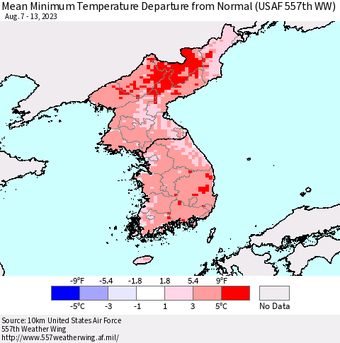 Korea Mean Minimum Temperature Departure from Normal (USAF 557th WW) Thematic Map For 8/7/2023 - 8/13/2023