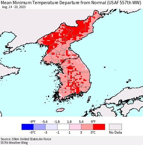 Korea Mean Minimum Temperature Departure from Normal (USAF 557th WW) Thematic Map For 8/14/2023 - 8/20/2023