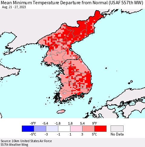 Korea Mean Minimum Temperature Departure from Normal (USAF 557th WW) Thematic Map For 8/21/2023 - 8/27/2023