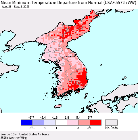 Korea Mean Minimum Temperature Departure from Normal (USAF 557th WW) Thematic Map For 8/28/2023 - 9/3/2023