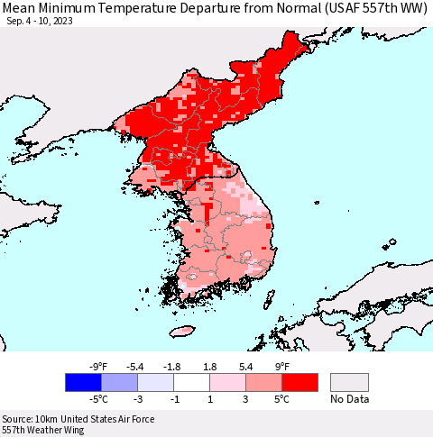 Korea Mean Minimum Temperature Departure from Normal (USAF 557th WW) Thematic Map For 9/4/2023 - 9/10/2023