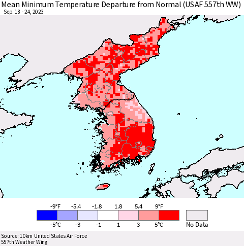 Korea Mean Minimum Temperature Departure from Normal (USAF 557th WW) Thematic Map For 9/18/2023 - 9/24/2023