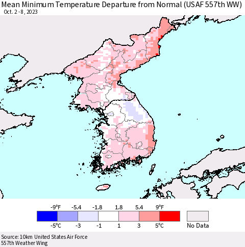Korea Mean Minimum Temperature Departure from Normal (USAF 557th WW) Thematic Map For 10/2/2023 - 10/8/2023
