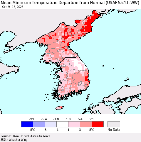 Korea Mean Minimum Temperature Departure from Normal (USAF 557th WW) Thematic Map For 10/9/2023 - 10/15/2023