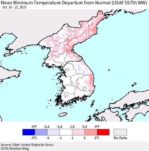 Korea Mean Minimum Temperature Departure from Normal (USAF 557th WW) Thematic Map For 10/16/2023 - 10/22/2023