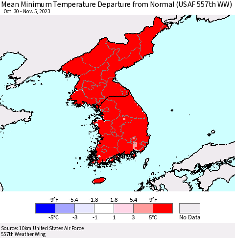 Korea Mean Minimum Temperature Departure from Normal (USAF 557th WW) Thematic Map For 10/30/2023 - 11/5/2023