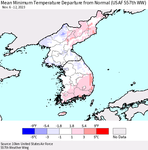 Korea Mean Minimum Temperature Departure from Normal (USAF 557th WW) Thematic Map For 11/6/2023 - 11/12/2023