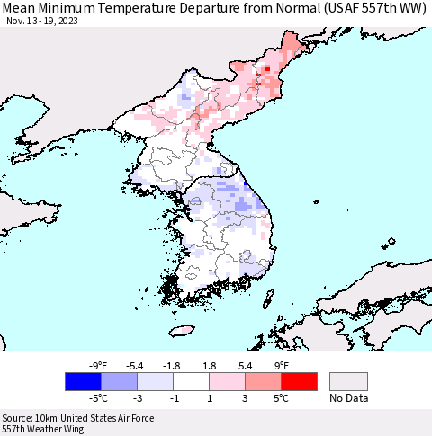 Korea Mean Minimum Temperature Departure from Normal (USAF 557th WW) Thematic Map For 11/13/2023 - 11/19/2023