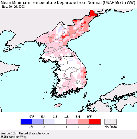 Korea Mean Minimum Temperature Departure from Normal (USAF 557th WW) Thematic Map For 11/20/2023 - 11/26/2023