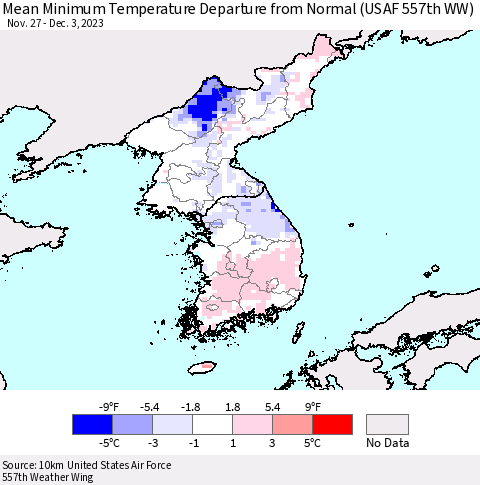 Korea Mean Minimum Temperature Departure from Normal (USAF 557th WW) Thematic Map For 11/27/2023 - 12/3/2023