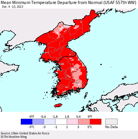 Korea Mean Minimum Temperature Departure from Normal (USAF 557th WW) Thematic Map For 12/4/2023 - 12/10/2023