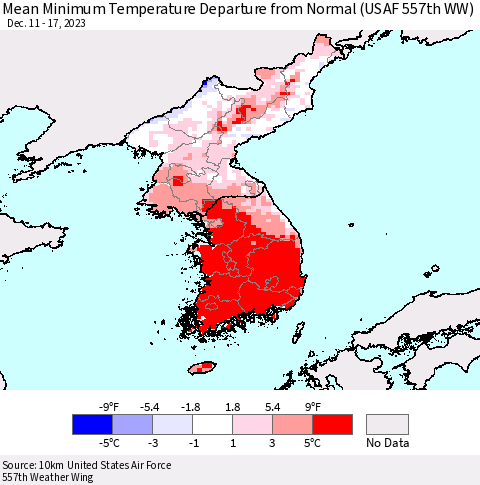 Korea Mean Minimum Temperature Departure from Normal (USAF 557th WW) Thematic Map For 12/11/2023 - 12/17/2023