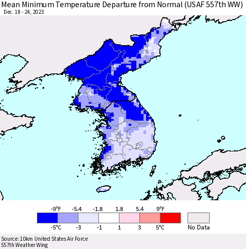 Korea Mean Minimum Temperature Departure from Normal (USAF 557th WW) Thematic Map For 12/18/2023 - 12/24/2023