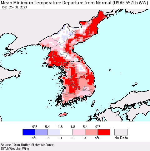 Korea Mean Minimum Temperature Departure from Normal (USAF 557th WW) Thematic Map For 12/25/2023 - 12/31/2023