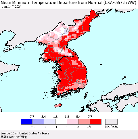 Korea Mean Minimum Temperature Departure from Normal (USAF 557th WW) Thematic Map For 1/1/2024 - 1/7/2024