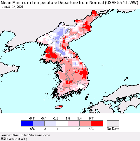 Korea Mean Minimum Temperature Departure from Normal (USAF 557th WW) Thematic Map For 1/8/2024 - 1/14/2024