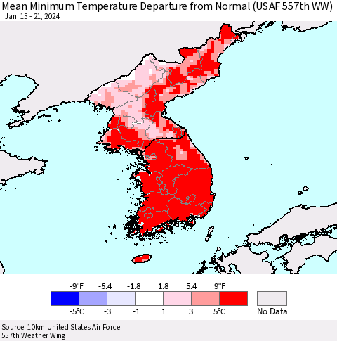 Korea Mean Minimum Temperature Departure from Normal (USAF 557th WW) Thematic Map For 1/15/2024 - 1/21/2024