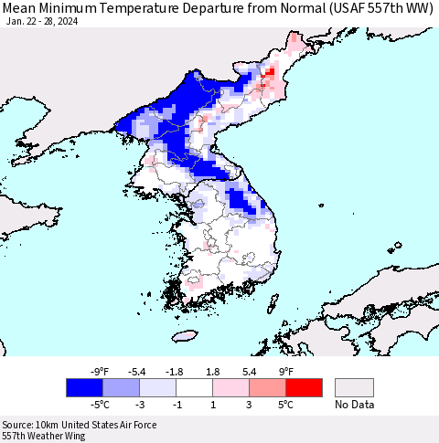Korea Mean Minimum Temperature Departure from Normal (USAF 557th WW) Thematic Map For 1/22/2024 - 1/28/2024