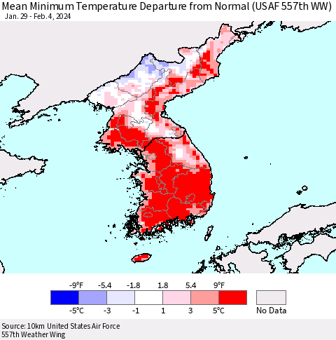 Korea Mean Minimum Temperature Departure from Normal (USAF 557th WW) Thematic Map For 1/29/2024 - 2/4/2024