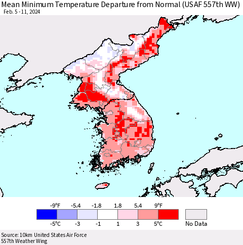 Korea Mean Minimum Temperature Departure from Normal (USAF 557th WW) Thematic Map For 2/5/2024 - 2/11/2024