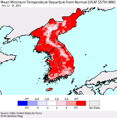 Korea Mean Minimum Temperature Departure from Normal (USAF 557th WW) Thematic Map For 2/12/2024 - 2/18/2024