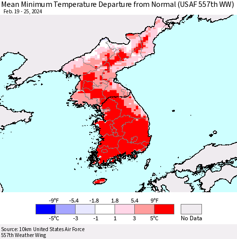 Korea Mean Minimum Temperature Departure from Normal (USAF 557th WW) Thematic Map For 2/19/2024 - 2/25/2024