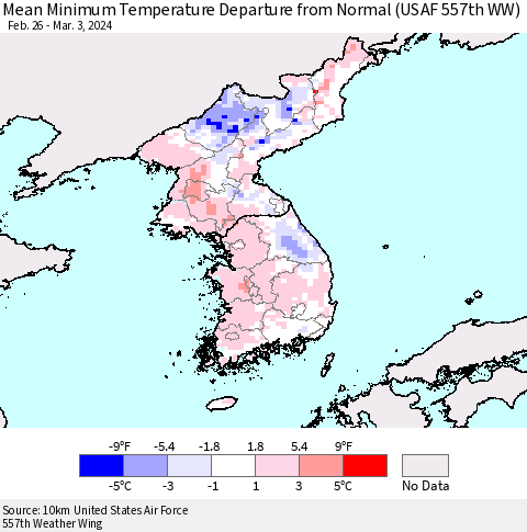 Korea Mean Minimum Temperature Departure from Normal (USAF 557th WW) Thematic Map For 2/26/2024 - 3/3/2024
