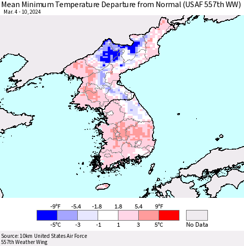 Korea Mean Minimum Temperature Departure from Normal (USAF 557th WW) Thematic Map For 3/4/2024 - 3/10/2024