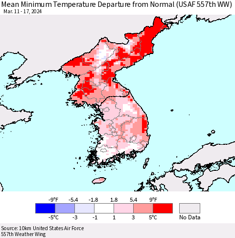Korea Mean Minimum Temperature Departure from Normal (USAF 557th WW) Thematic Map For 3/11/2024 - 3/17/2024