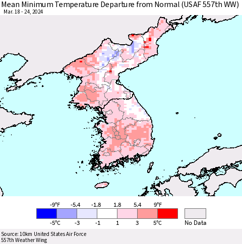 Korea Mean Minimum Temperature Departure from Normal (USAF 557th WW) Thematic Map For 3/18/2024 - 3/24/2024