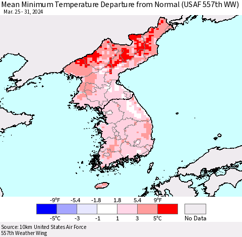 Korea Mean Minimum Temperature Departure from Normal (USAF 557th WW) Thematic Map For 3/25/2024 - 3/31/2024