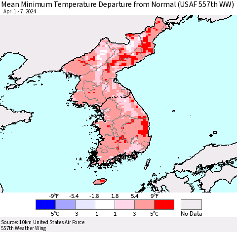 Korea Mean Minimum Temperature Departure from Normal (USAF 557th WW) Thematic Map For 4/1/2024 - 4/7/2024