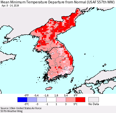 Korea Mean Minimum Temperature Departure from Normal (USAF 557th WW) Thematic Map For 4/8/2024 - 4/14/2024