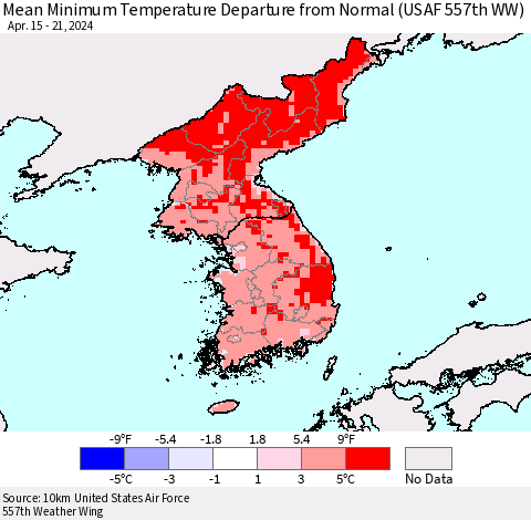Korea Mean Minimum Temperature Departure from Normal (USAF 557th WW) Thematic Map For 4/15/2024 - 4/21/2024