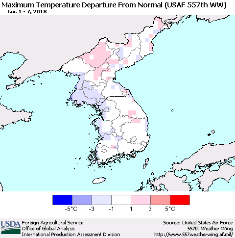 Korea Mean Maximum Temperature Departure from Normal (USAF 557th WW) Thematic Map For 1/1/2018 - 1/7/2018