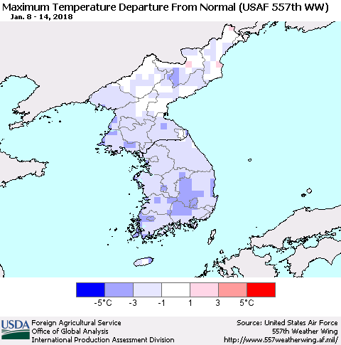 Korea Mean Maximum Temperature Departure from Normal (USAF 557th WW) Thematic Map For 1/8/2018 - 1/14/2018